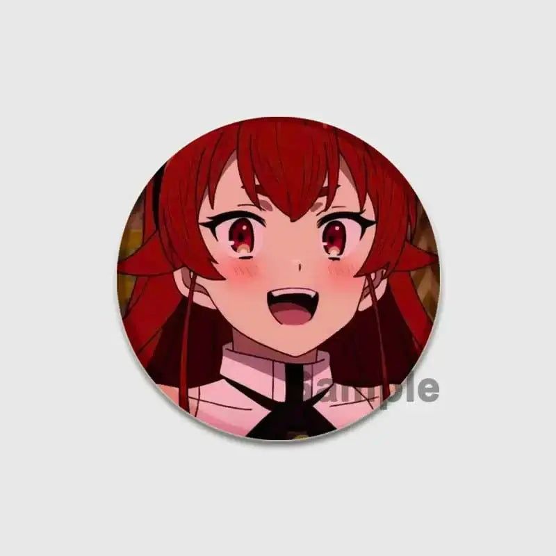 Circular glossy red-haired roxy migurdia brooch pin with expressive eyes and surprised expression 58mm badge