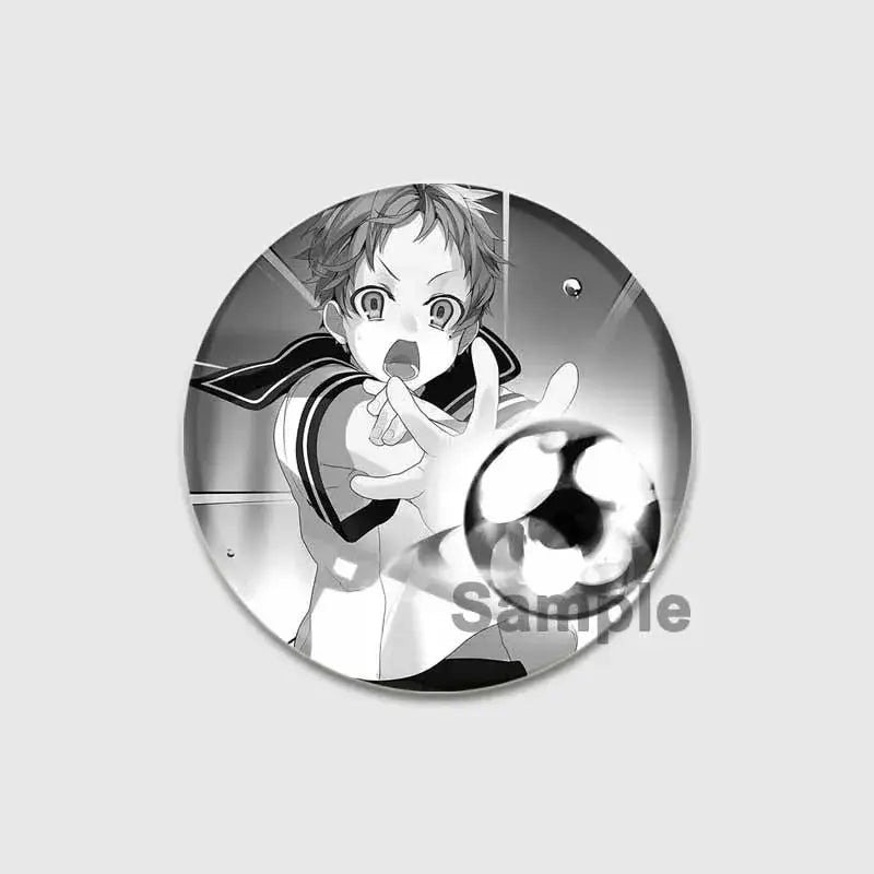 Circular black-and-white roxy migurdia brooch pin featuring anime character in school uniform reaching toward soccer ball