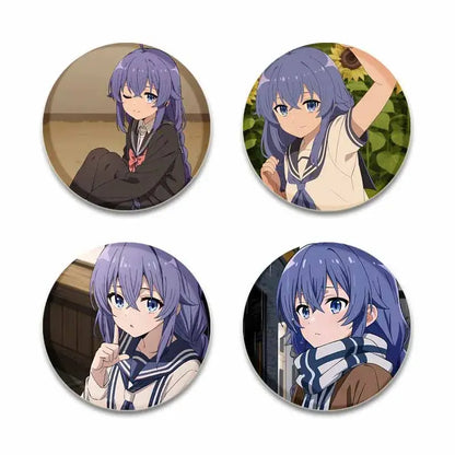 Set of four circular roxy migurdia brooch pins featuring a purple-haired girl in various school uniform outfits 58mm badge