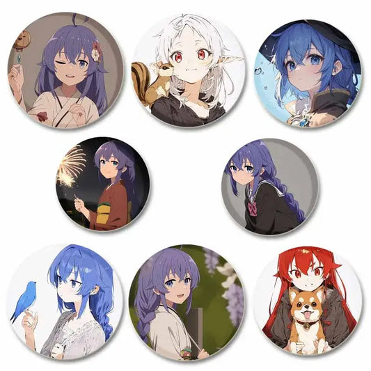 Set of nine circular vibrant anime character pins including roxy migurdia brooch pin 58mm badge designs