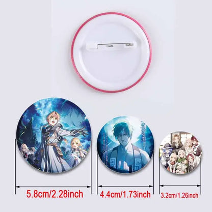 Set of three circular roxy migurdia brooch pins featuring vibrant blue and white anime illustrations with pink rim backings