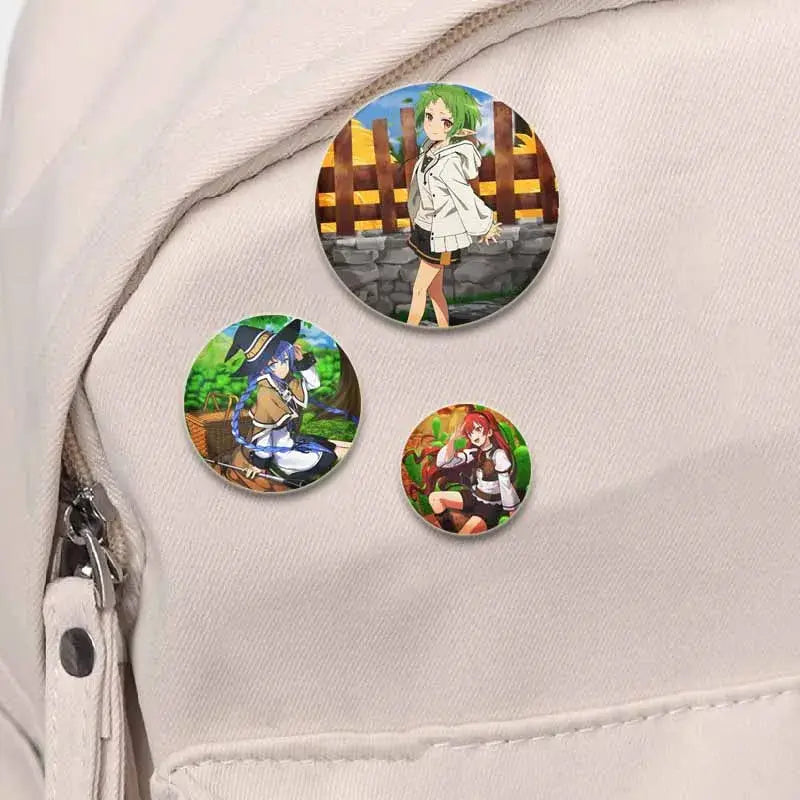 Three circular roxy migurdia brooch pins featuring vibrant anime illustrations on glossy 58mm badges