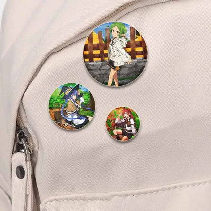 Three circular roxy migurdia brooch pins featuring vibrant anime illustrations on glossy 58mm badges