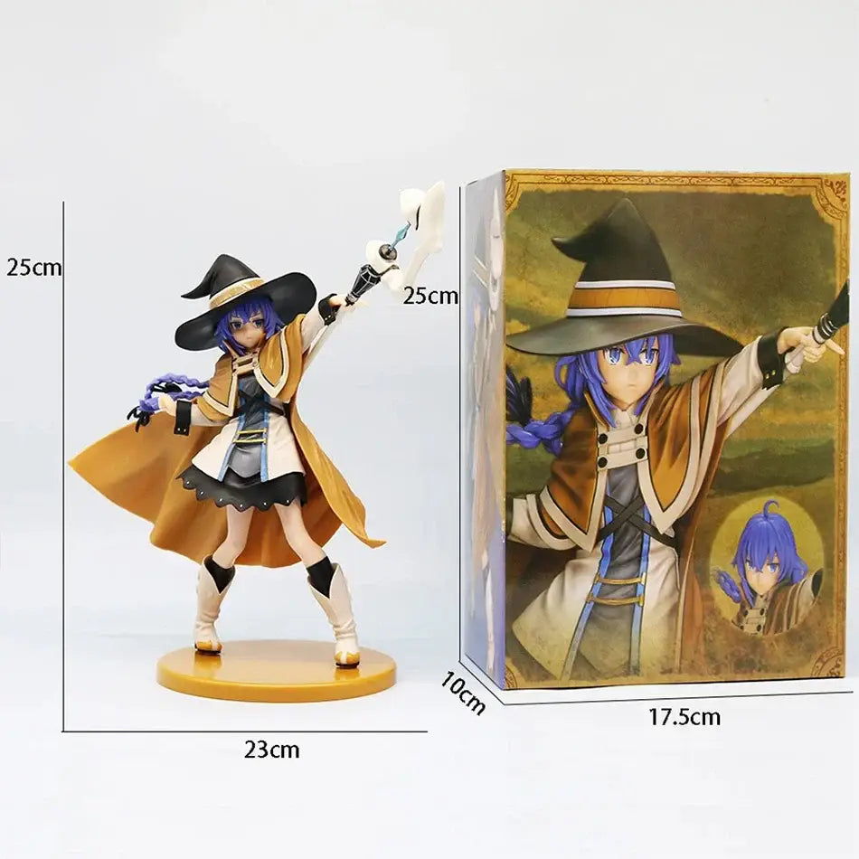 Detailed 25cm pvc figure of roxy migurdia with blue hair holding a glowing staff in an orange coat roxy migurdia noodle stopper