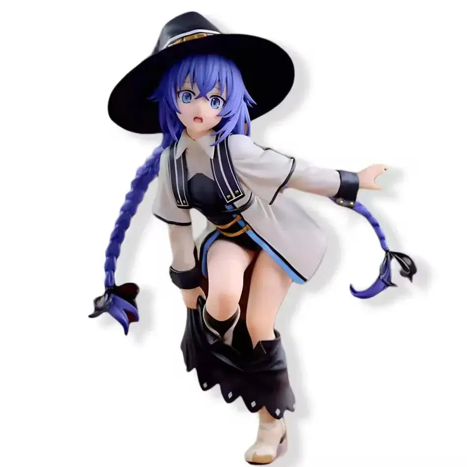 Blue-haired roxy migurdia noodle stopper pvc figure wearing black hat and gray coat from mushoku tensei