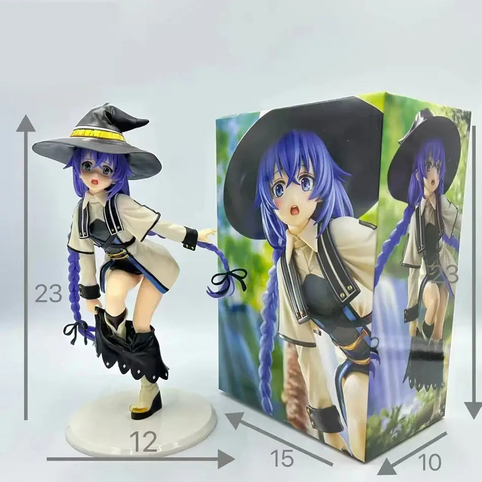 A detailed pvc figure of roxy migurdia with blue hair in a black hat and beige outfit standing on a white base noodle stopper