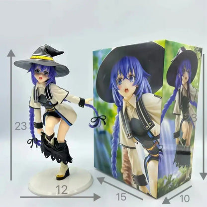 A detailed pvc figure of roxy migurdia with blue hair in a black hat and beige outfit standing on a white base noodle stopper