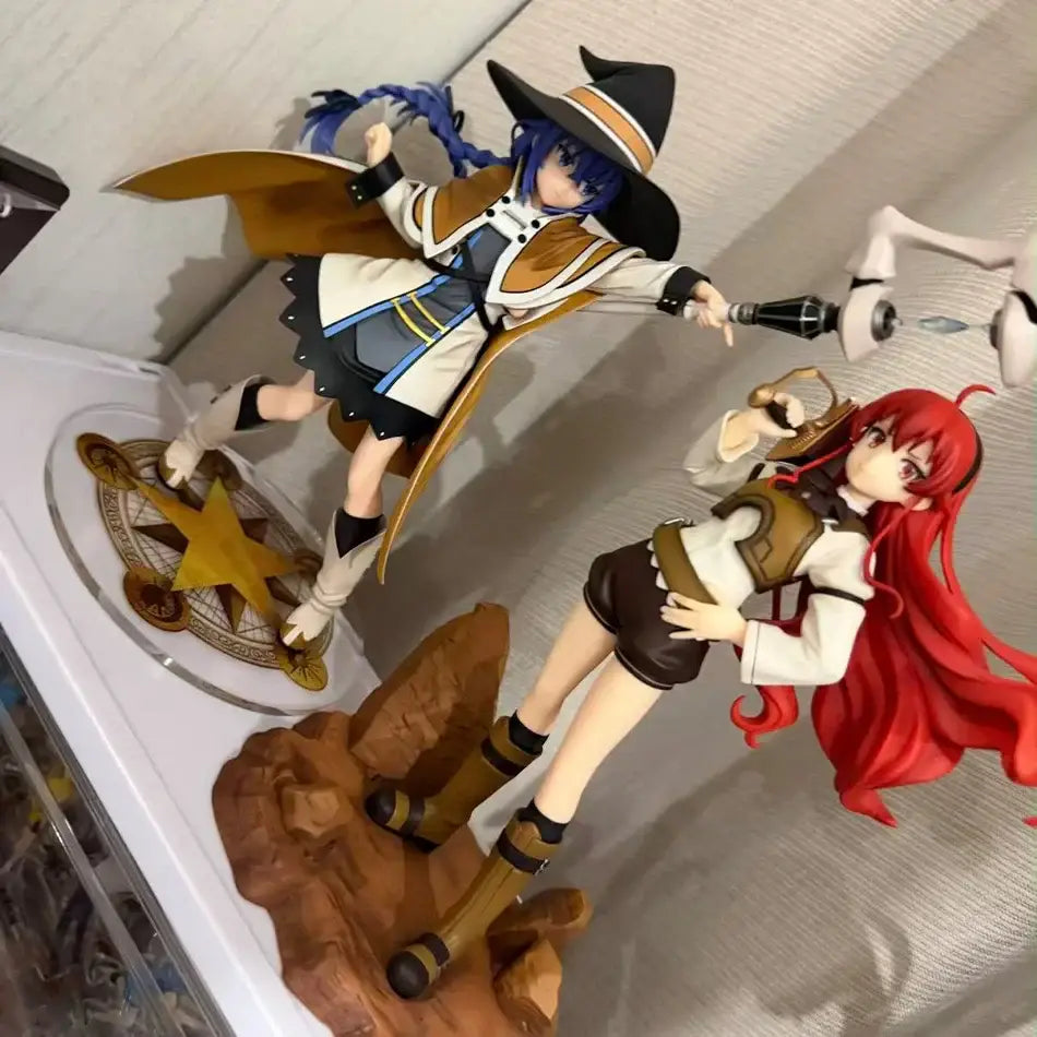 Blue-haired roxy migurdia pvc figure in black hat and brown coat on golden star base roxy migurdia noodle stopper