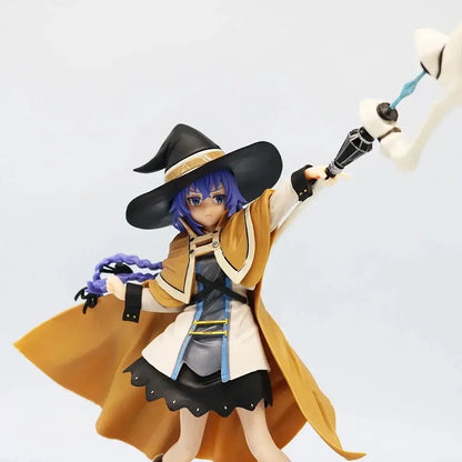 A detailed pvc figure of roxy migurdia from mushoku tensei holding a glowing blue staff with a tan cloak noodle stopper