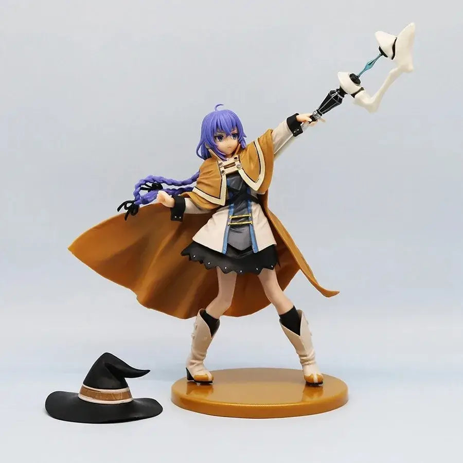 Purple-haired roxy migurdia noodle stopper pvc figure in tan and black outfit holding white bone weapon with cape