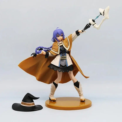 Purple-haired roxy migurdia noodle stopper pvc figure in tan and black outfit holding white bone weapon with cape