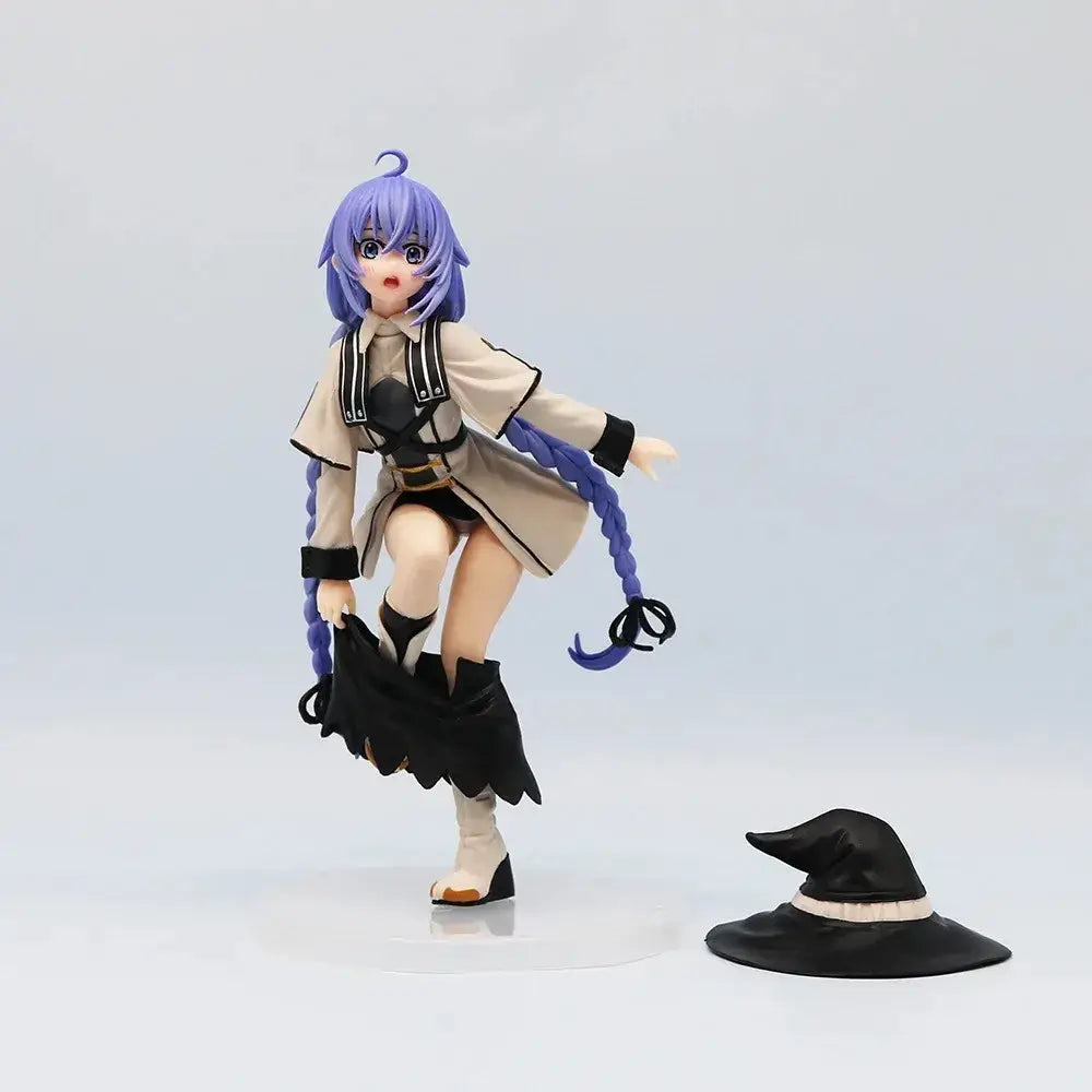 Purple-haired anime witch roxy migurdia noodle stopper pvc figure in beige coat with detachable black pointed hat