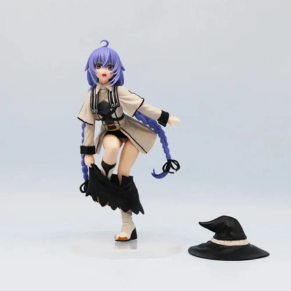 Purple-haired anime witch roxy migurdia noodle stopper pvc figure in beige coat with detachable black pointed hat