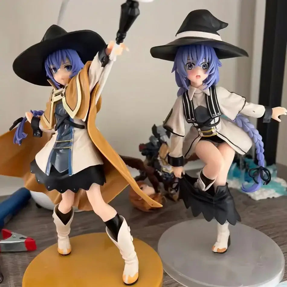 Two detailed anime pvc figures of roxy migurdia in tan coat and white outfit as roxy migurdia noodle stopper