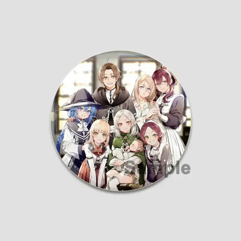 Circular handmade tinplate pin badge featuring roxy migurdia and colorful anime characters in detailed outfits