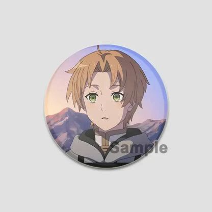 Circular handmade tinplate pin badge featuring roxy migurdia with short brown hair and green eyes against mountain sky