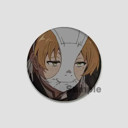 Circular pin badge featuring roxy migurdia with brown hair green eyes and stitched white mask handmade tinplate design