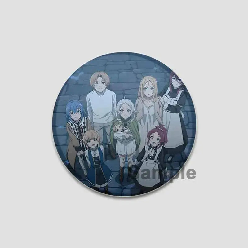 Circular handmade tinplate pin badge featuring colorful anime illustration of roxy migurdia and six characters on cobblestone street