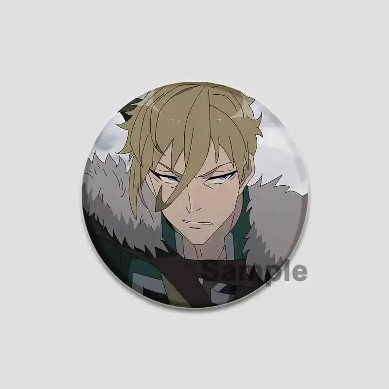 Circular handmade tinplate pin badge featuring roxy migurdia with blonde hair green coat and gray fur lining