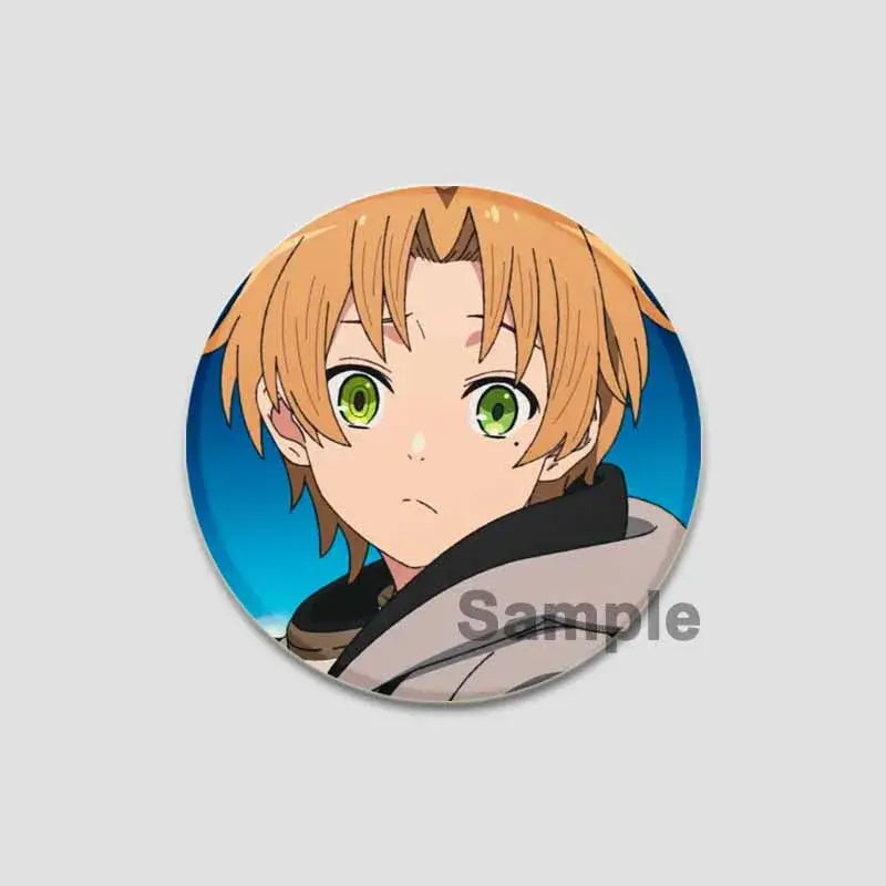 Circular handmade tinplate pin badge featuring roxy migurdia with short orange hair and green eyes on blue background