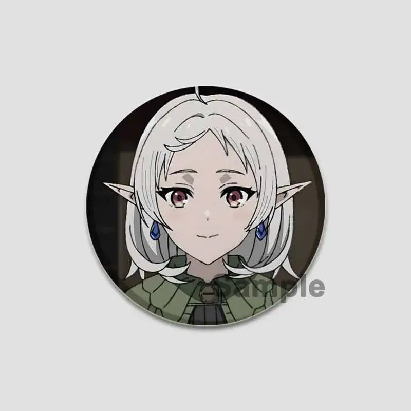 Circular handmade tinplate pin badge featuring roxy migurdia with silver hair, pointed ears, and blue earrings from mushoku tensei