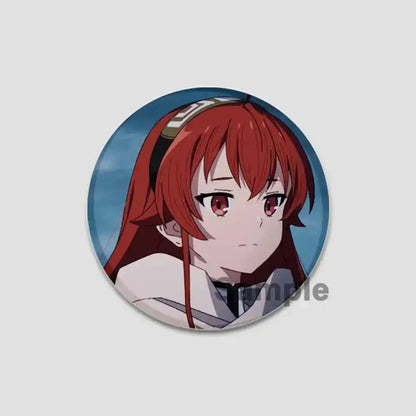 Circular handmade tinplate pin badge featuring roxy migurdia with vibrant red hair and white outfit from mushoku tensei