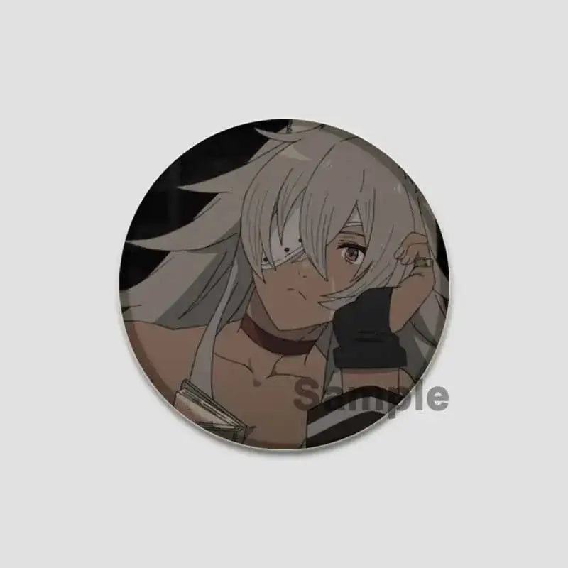 Circular handmade tinplate pin badge featuring roxy migurdia with silver hair and brown eyes from mushoku tensei