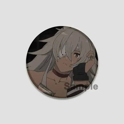 Circular handmade tinplate pin badge featuring roxy migurdia with silver hair and brown eyes from mushoku tensei