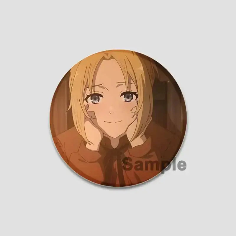 Circular handmade tinplate pin badge featuring roxy migurdia with blonde hair and blue eyes in warm brown tones