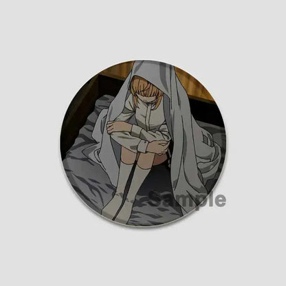 Circular handmade tinplate pin badge featuring roxy migurdia with blonde hair in a light gray hooded garment and knee-high socks