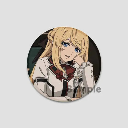 Circular handmade tinplate pin badge featuring roxy migurdia with blonde hair and blue eyes in white school uniform
