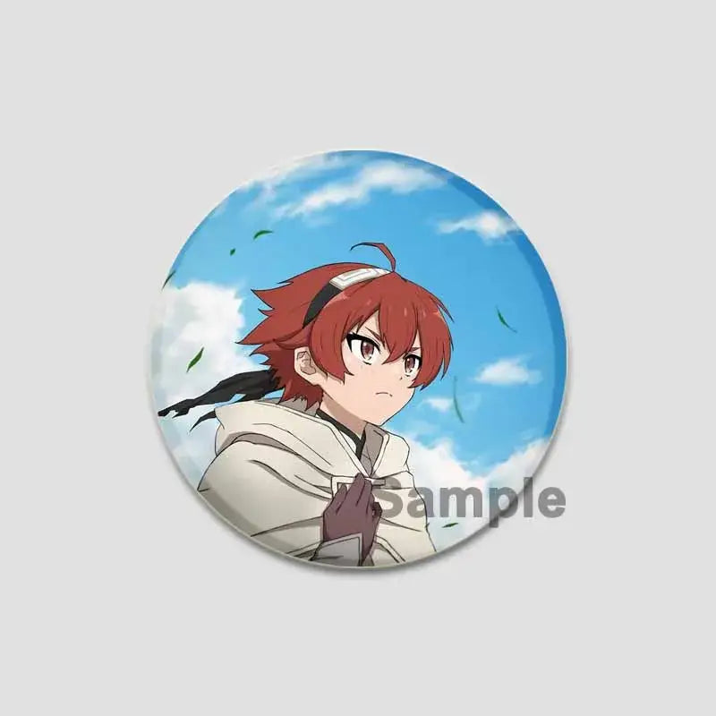 Circular handmade tinplate pin badge of roxy migurdia with vibrant red hair and white hooded outfit against blue sky