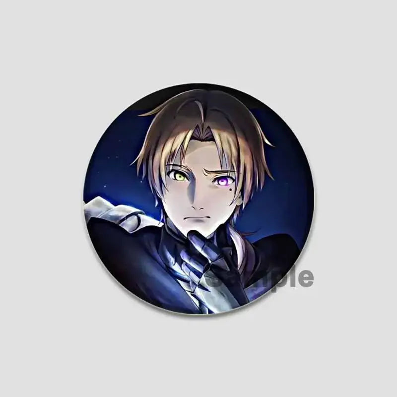 Circular handmade tinplate pin badge of roxy migurdia with brown hair and heterochromatic eyes on starry background