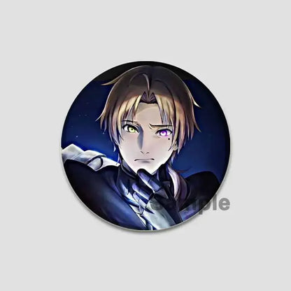 Circular handmade tinplate pin badge of roxy migurdia with brown hair and heterochromatic eyes on starry background