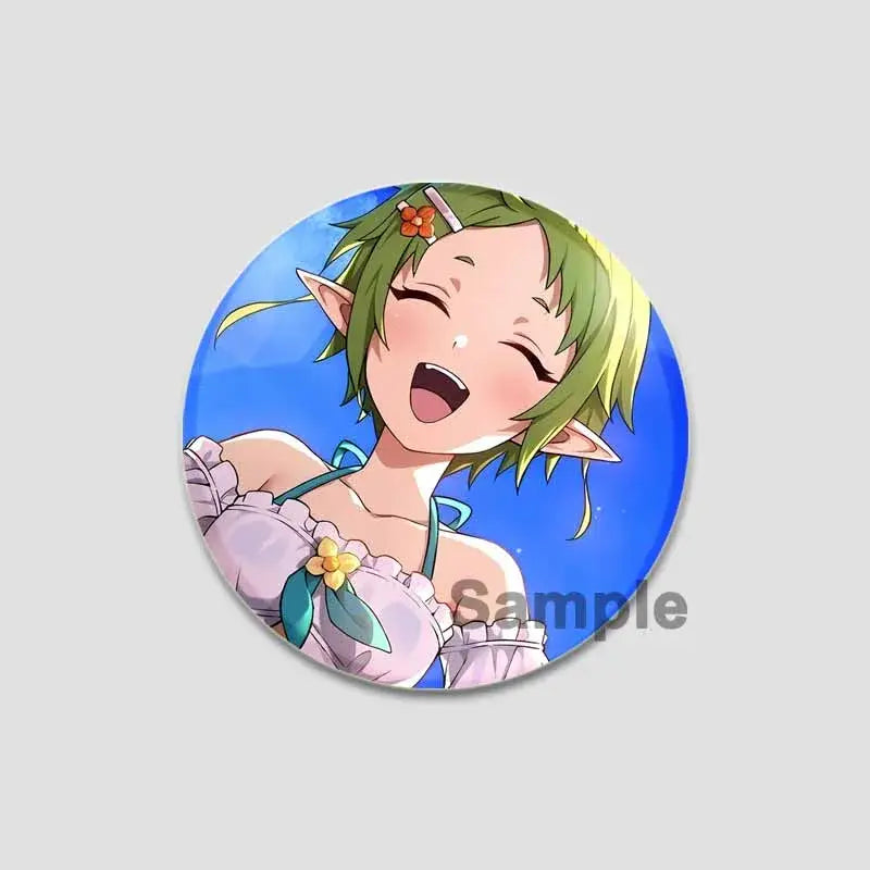 Circular handmade tinplate pin badge featuring roxy migurdia with green hair and light pink dress with yellow flowers