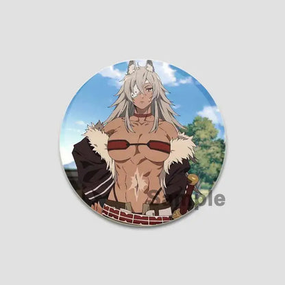 Circular handmade tinplate pin badge featuring roxy migurdia anime character with silver hair and black armor