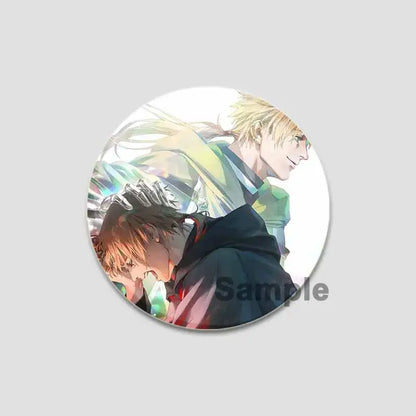 Colorful circular handmade tinplate pin badge featuring roxy migurdia from mushoku tensei with detailed linework