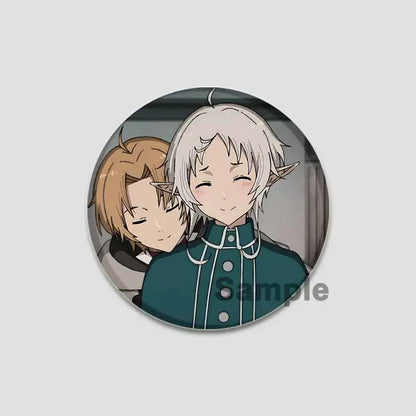 Circular roxy migurdia pin badge featuring two anime characters on handmade tinplate with teal and brown colors