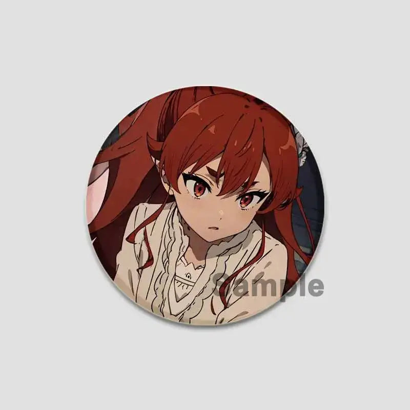 Circular handmade tinplate pin badge featuring roxy migurdia with red hair and expressive eyes from mushoku tensei