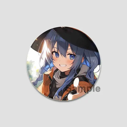 Circular handmade tinplate pin badge featuring roxy migurdia with blue hair black hat and orange jacket from mushoku tensei