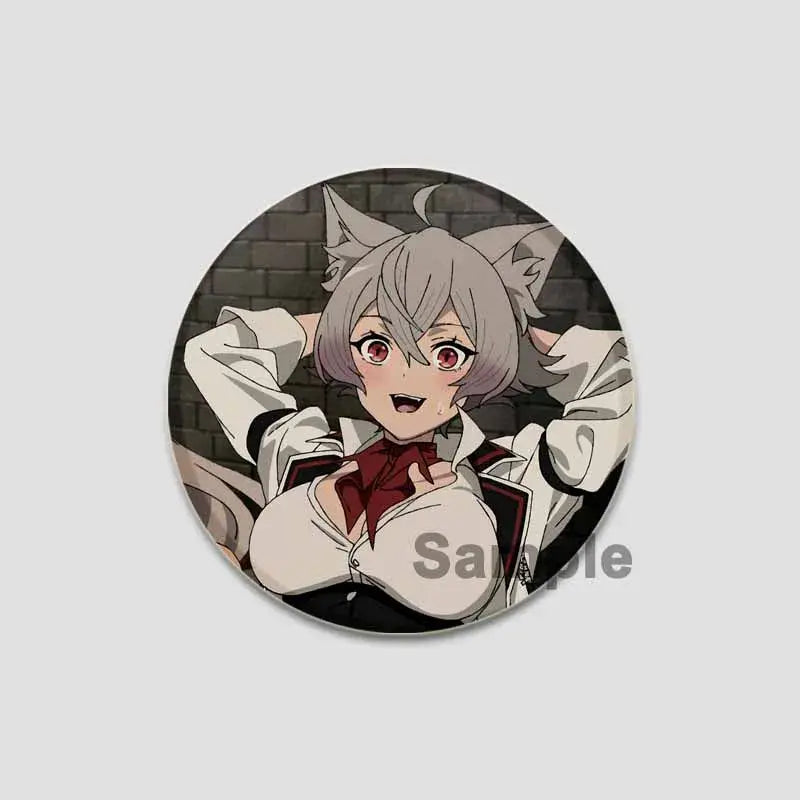 Circular pin badge featuring roxy migurdia with silver-gray hair and cat ears handmade tinplate collectible