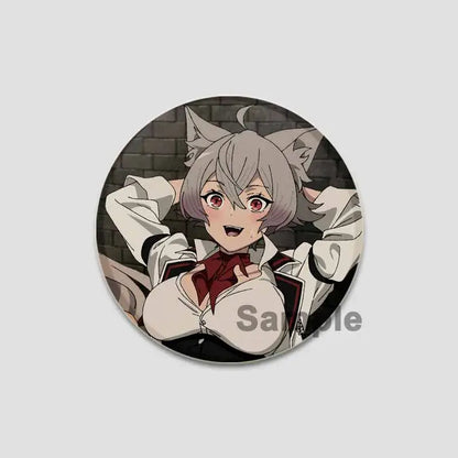 Circular pin badge featuring roxy migurdia with silver-gray hair and cat ears handmade tinplate collectible