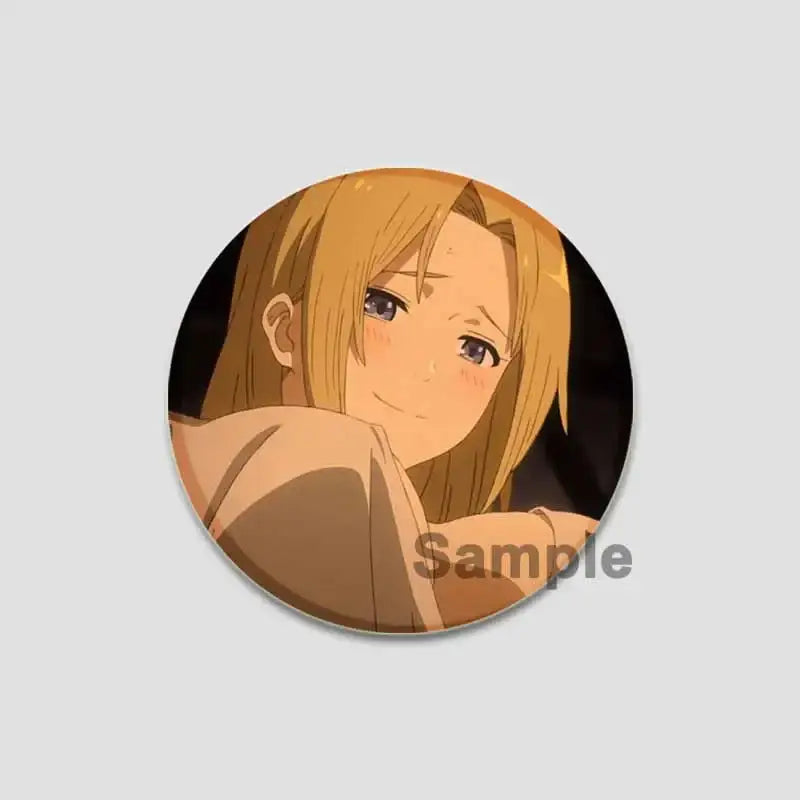 Circular handmade tinplate pin badge featuring roxy migurdia with long blonde hair and purple eyes in warm tones