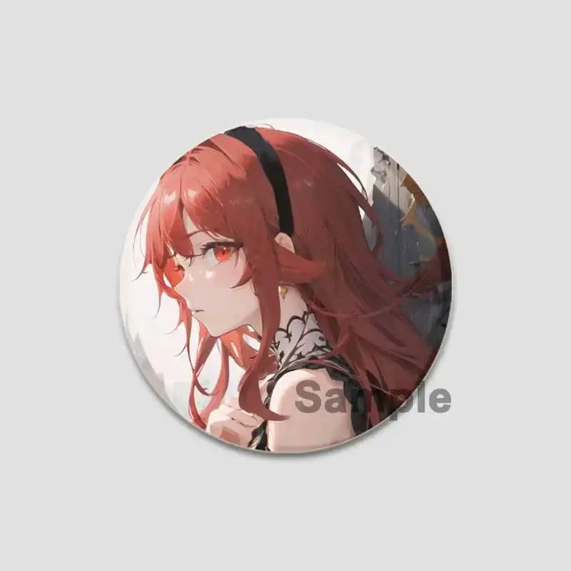 Circular handmade tinplate pin badge featuring roxy migurdia with long red hair and striking red eyes from mushoku tensei