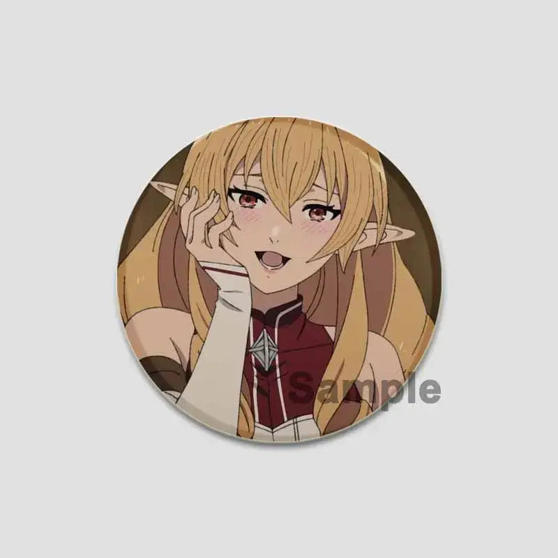 Circular handmade tinplate pin badge featuring roxy migurdia with long blonde hair and red and white outfit