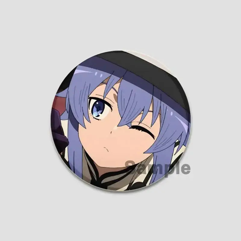 Circular handmade tinplate pin badge featuring roxy migurdia with short purple hair and blue eyes from mushoku tensei