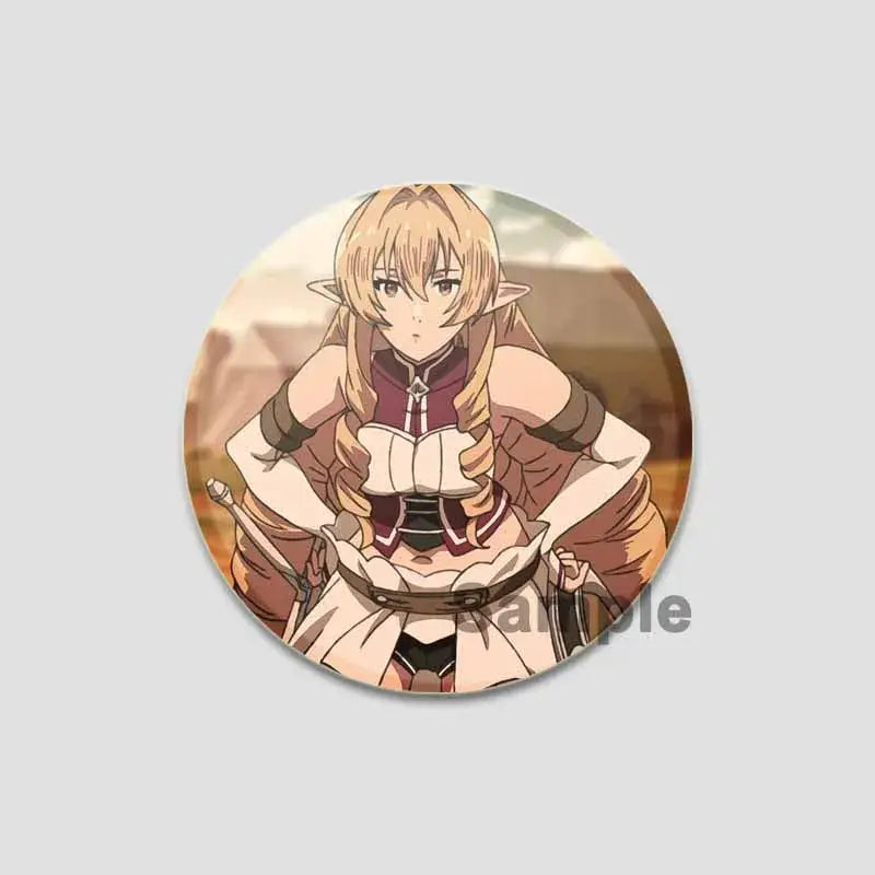Circular handmade tinplate pin badge featuring roxy migurdia with blonde hair and layered brown maroon clothing