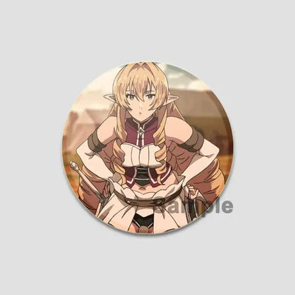 Circular handmade tinplate pin badge featuring roxy migurdia with blonde hair and layered brown maroon clothing