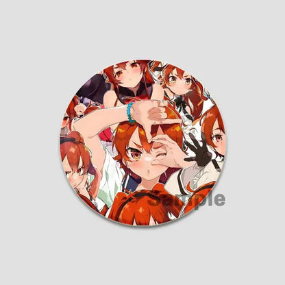 Circular handmade tinplate pin badge featuring multiple overlapping anime illustrations of red-haired roxy migurdia