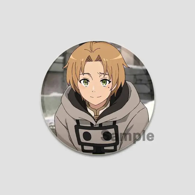 Circular handmade tinplate pin badge featuring roxy migurdia with light brown hair and green eyes in gray hooded garment